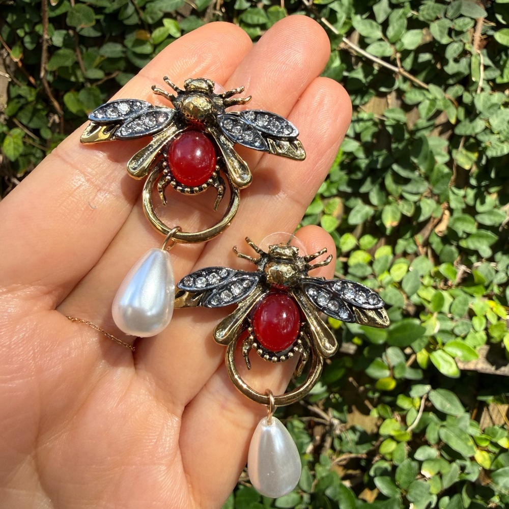 Bee Drop Earrings with Red and Pearl Accents - Picture 5 of 6